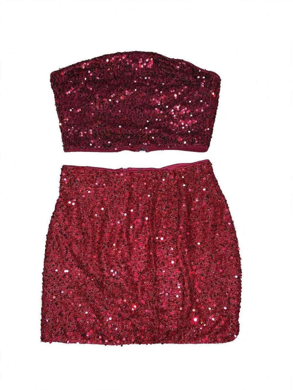 Shein Women's Burgundy Sequin Two-Piece Set, Size Large